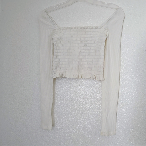 Reformation Tops - Reformation Creamy Smocked Crop Top Square Neck Sz S Stretch Long Sleeves